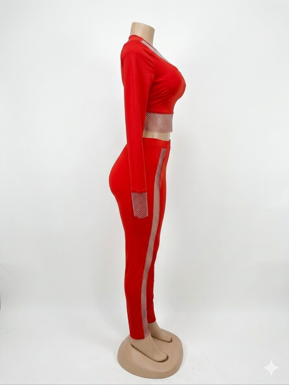 Red Mesh Inset Two-Piece Jumpsuit Set - Picture 3 of 3